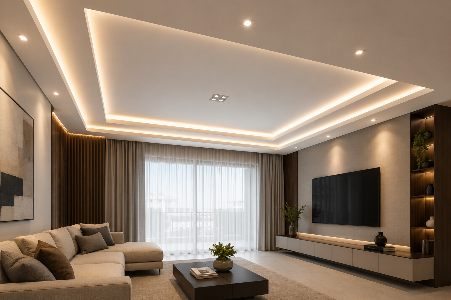 Forro de gesso e rebaixamento de teto com iluminação em ambiente residencial