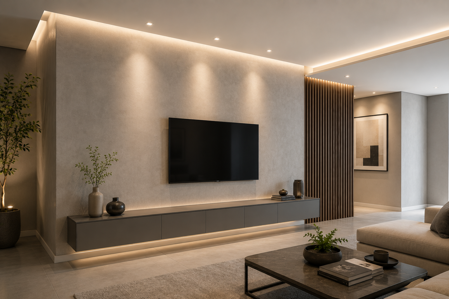Ambiente interno com revestimento em gesso liso e acabamento de drywall — imagem conceitual