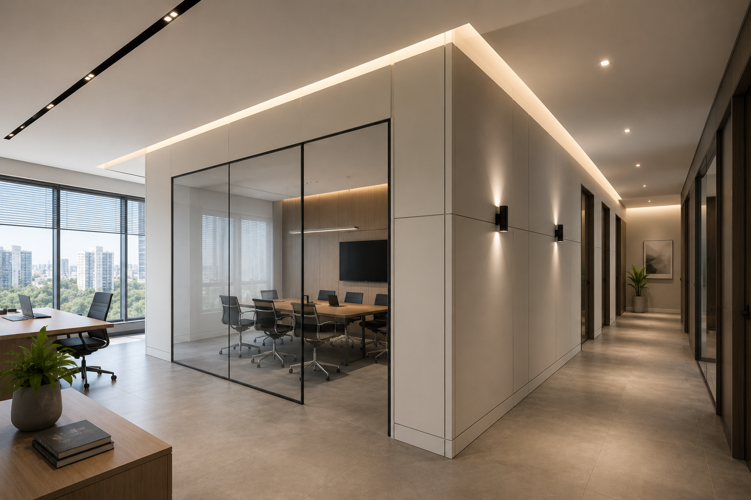 Ambiente interno com paredes e divisórias em drywall — imagem conceitual de acabamento