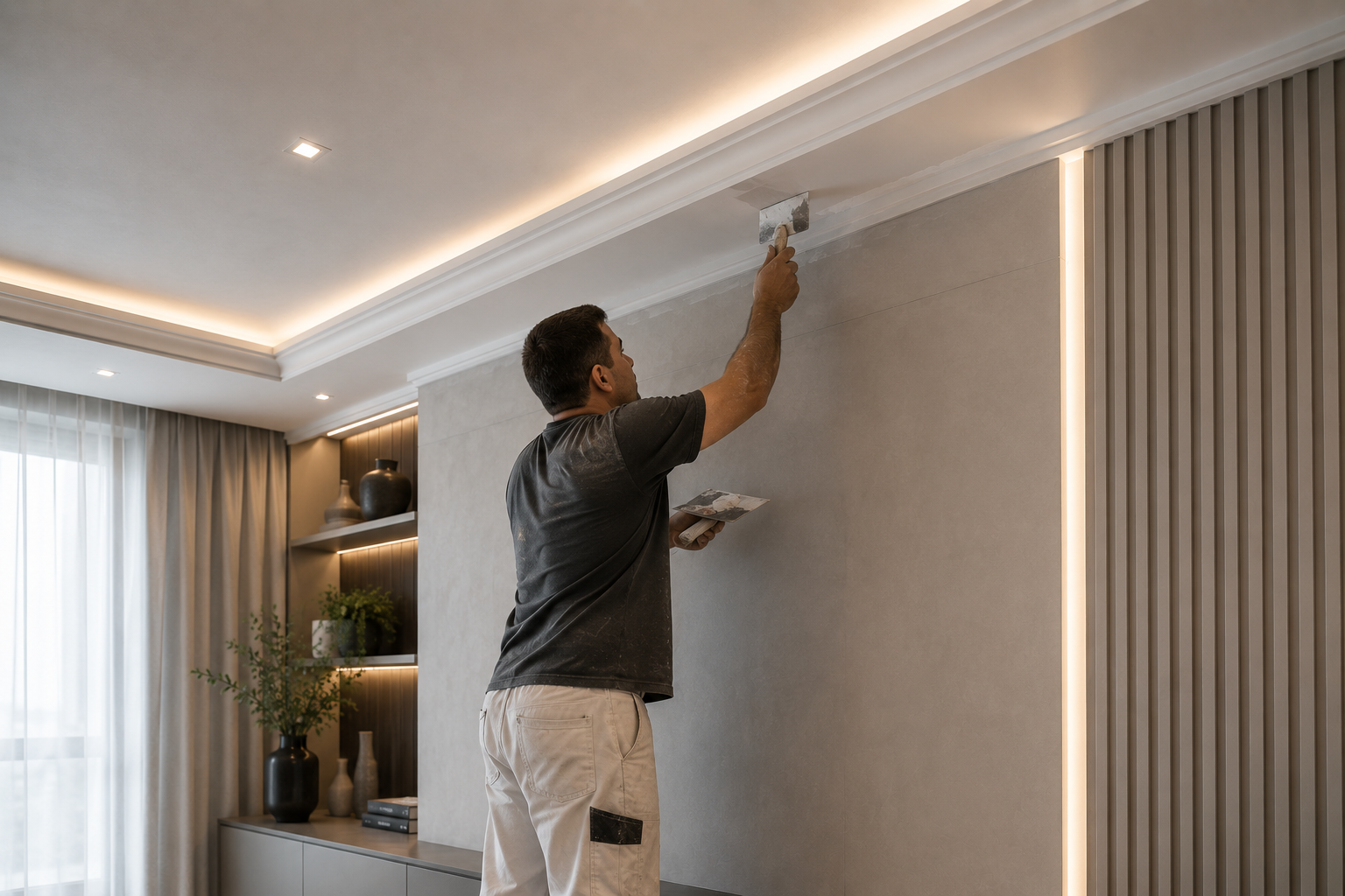 Profissional executando reparo e acabamento em parede de gesso — imagem conceitual